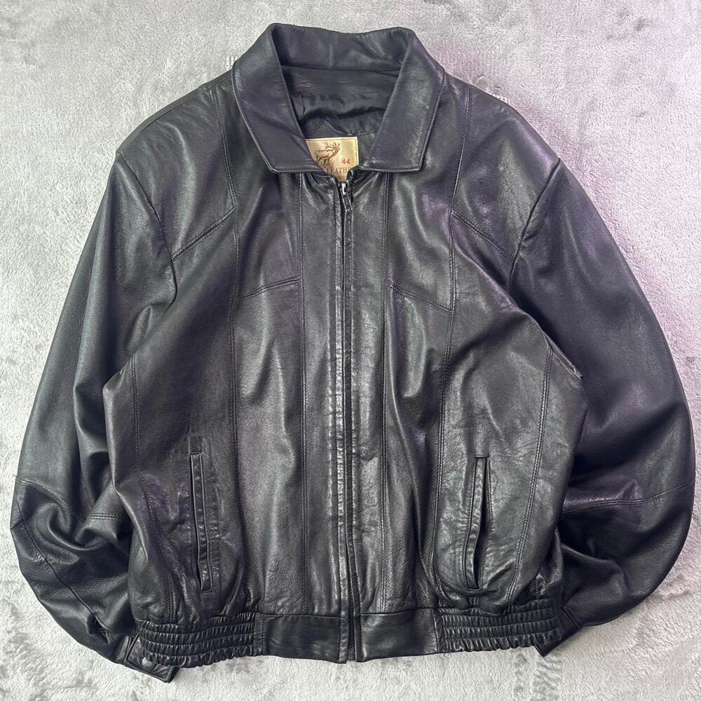 Vintage 1970s Genuine Leather Bomber Jacket Men’s Large Black Zip Up Trucker